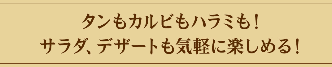 タンもカルビもハラミも！サラダ、デザートも気軽に楽しめる！