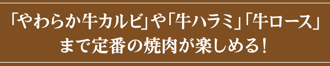 「やわらか牛カルビ」や「牛ハラミ」「牛ロース」まで定番の焼肉が楽しめる！