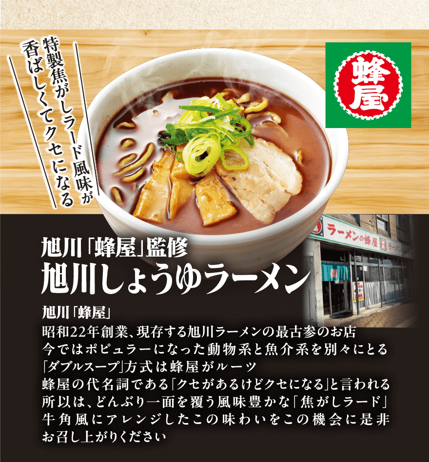 特製焦がしラード風味が香ばしくてクセになる 旭川「蜂屋」監修 旭川しょうゆラーメン 旭川「蜂屋」昭和22年創業、現存する旭川ラーメンの最古参のお店 今ではポピュラーになった動物系と魚介系を別々にとる「ダブルスープ」方式は蜂屋がルーツ 蜂屋の代名詞である「クセがあるけどクセになる」と言われる所以は、どんぶり一面を覆う風味豊かな「焦がしラード」牛角風にアレンジしたこの味わいをこの機会に是非お召し上がりください